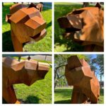 Four photos of "Mama Bear and Cub" sculpture in park